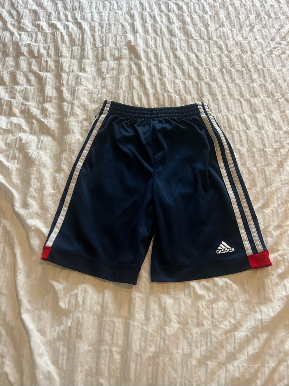 adidas Navy Athletic Shorts with White Stripes and Red Trim